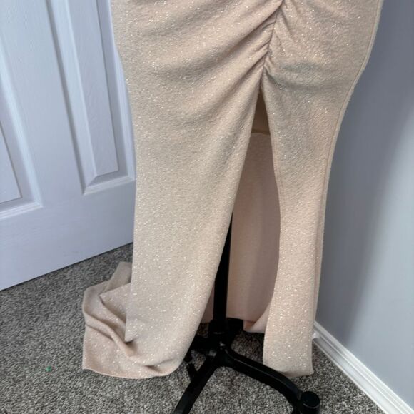 Windsor Off-Shoulder Champagne Glitter Evening Gown Side Slit Formal Dress - Picture 5 of 14